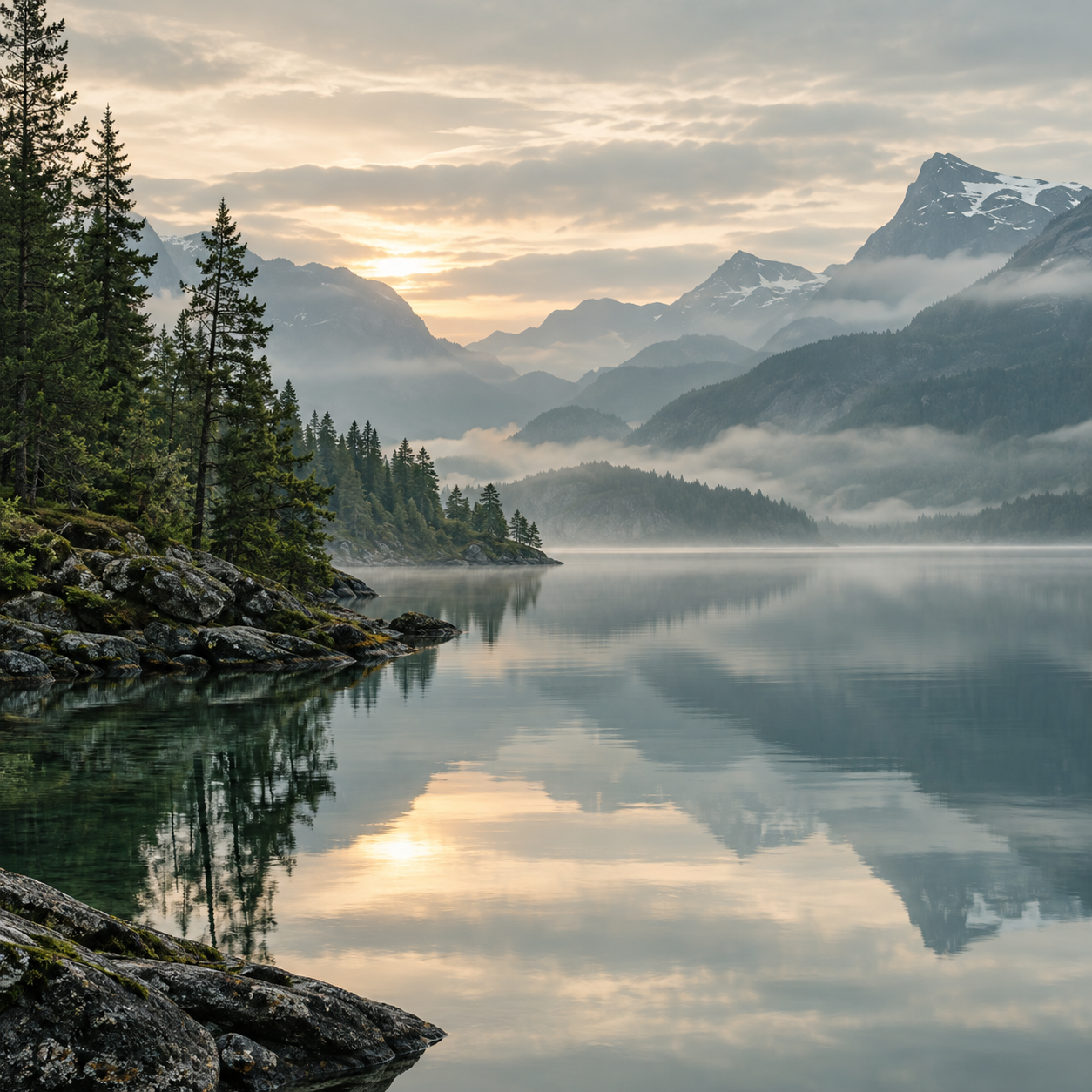 Stille fjord mellom fjell i mjukt morgonlys